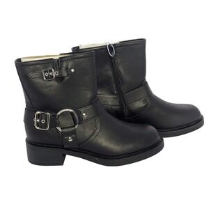 Black Moto Harness Ankle Boot 11 Buckle Strap Biker Western Side Zip Chunky Heel